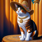 Regal cat in sombrero on ornate background