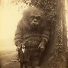 Young boy in scout uniform with friendly reptilian creature by tree