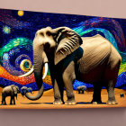 Adult elephant and calf in a starry night setting on canvas