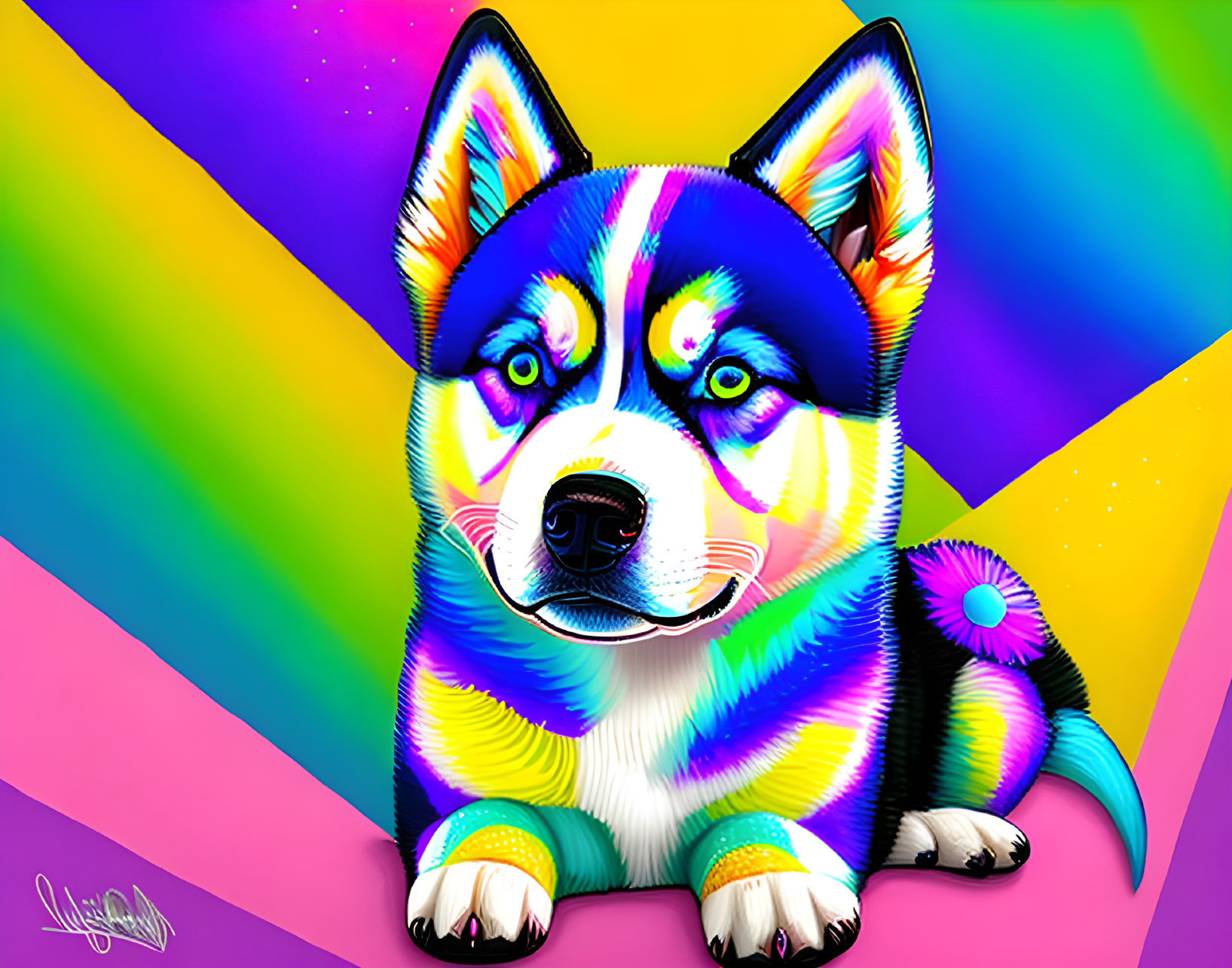 Colorful digital artwork: Husky with rainbow hues on angular background