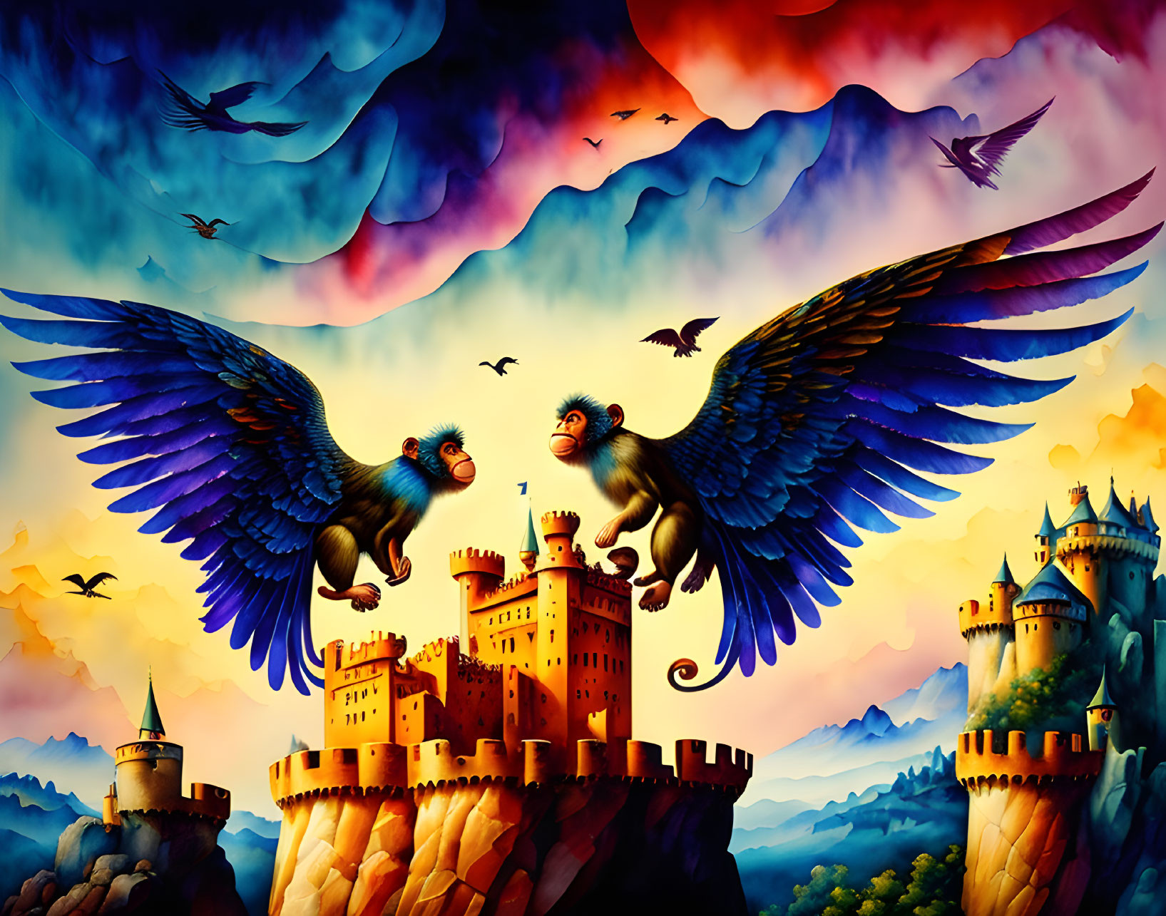 Winged monkeys flying over medieval castle at sunset