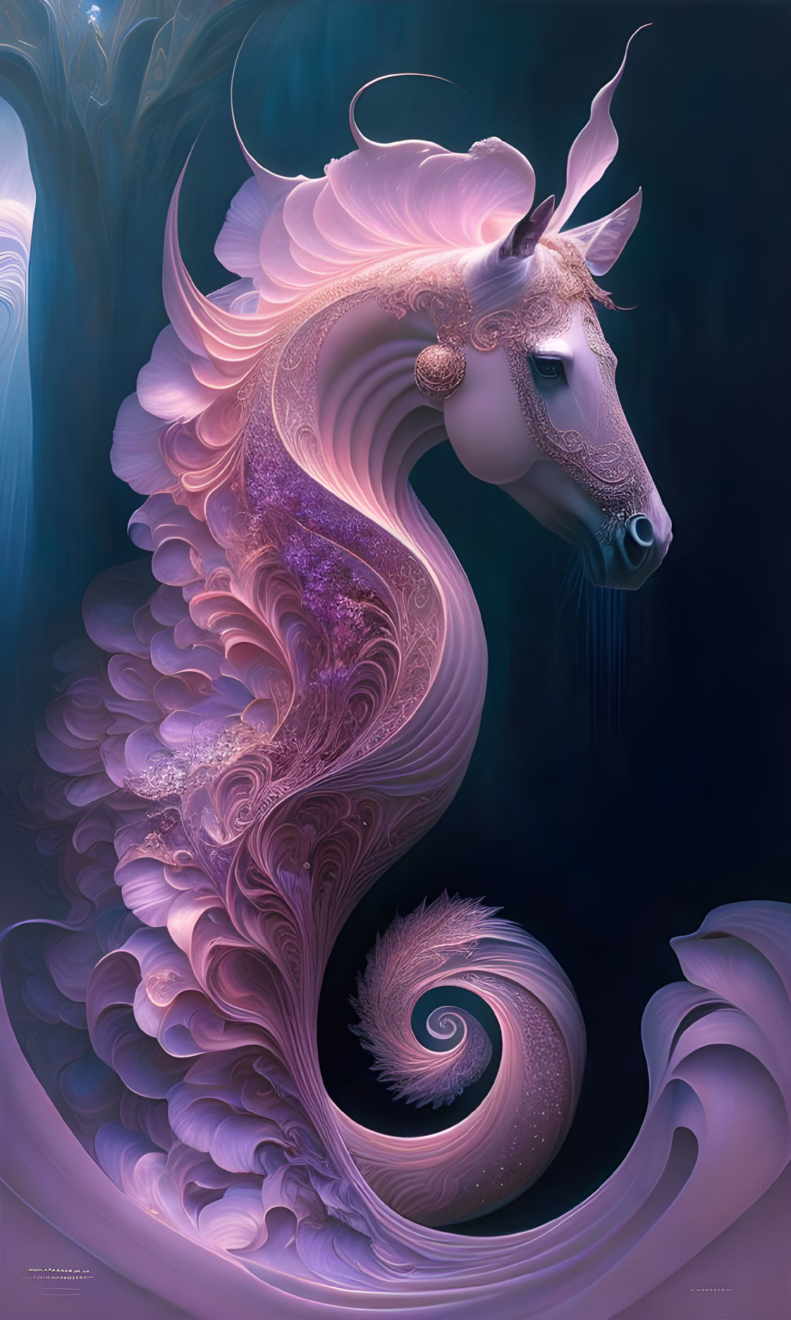 Colorful sea horse digital art: pink and blue underwater scene