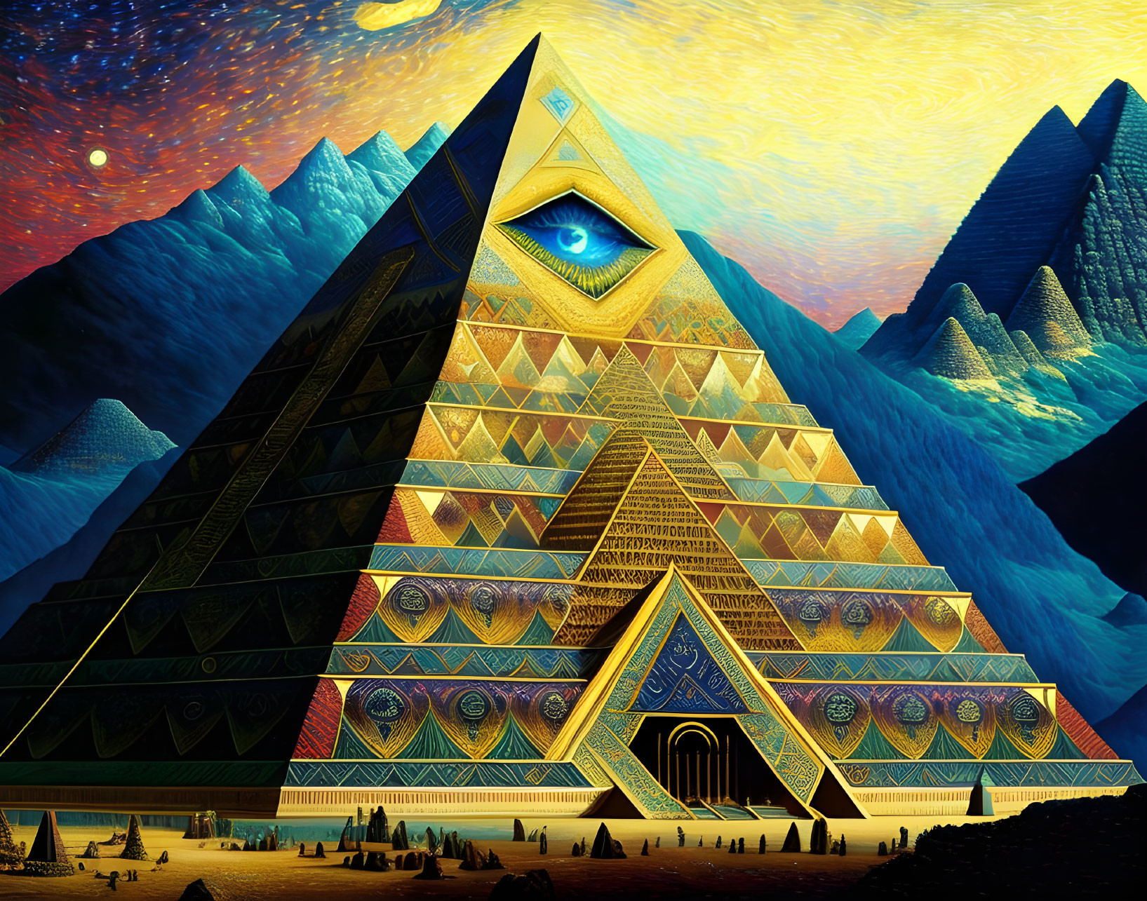 Colorful surreal pyramid with eye in mountain landscape