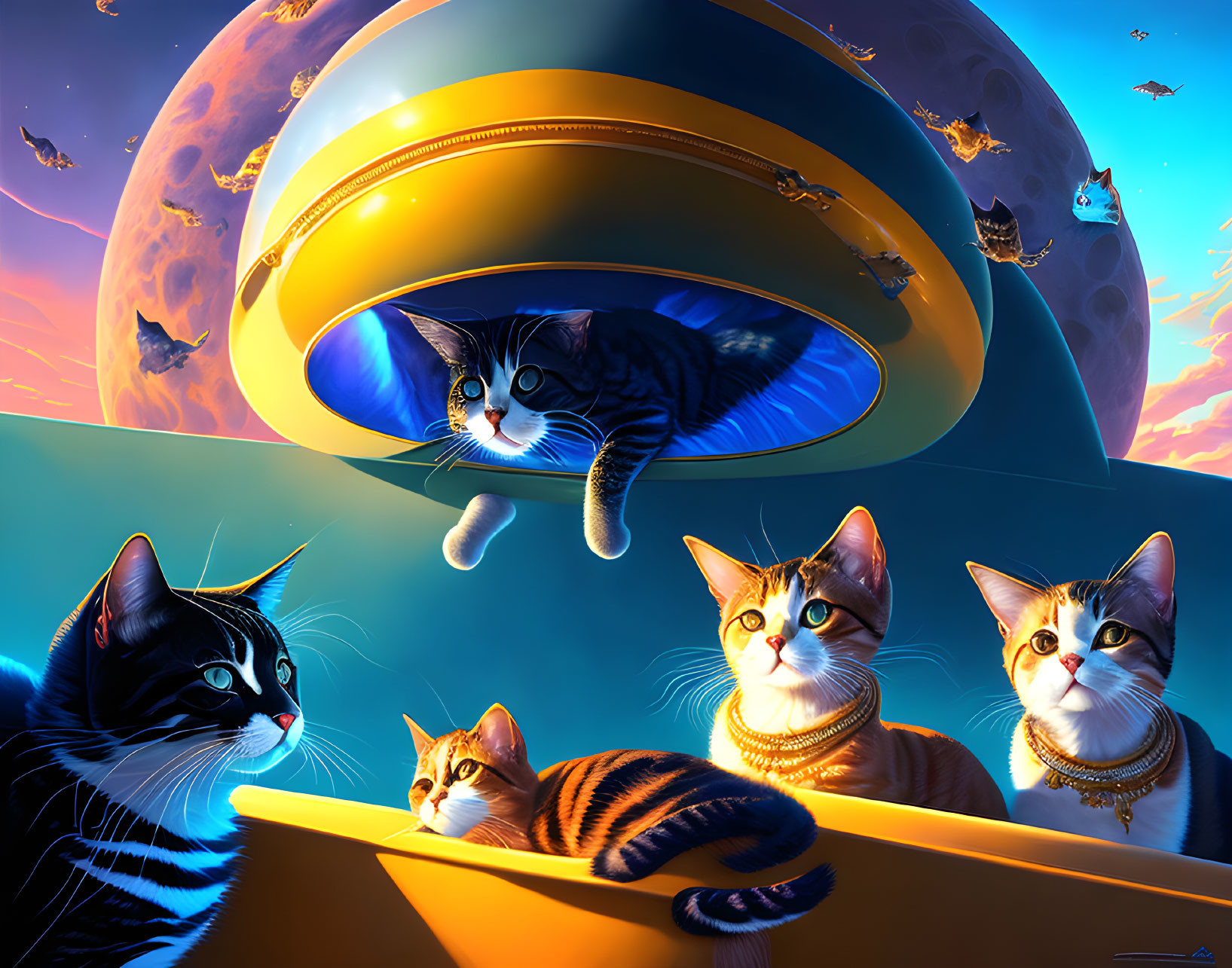 Vibrant space-themed cat illustration with jewelry, UFO, planet, and birds