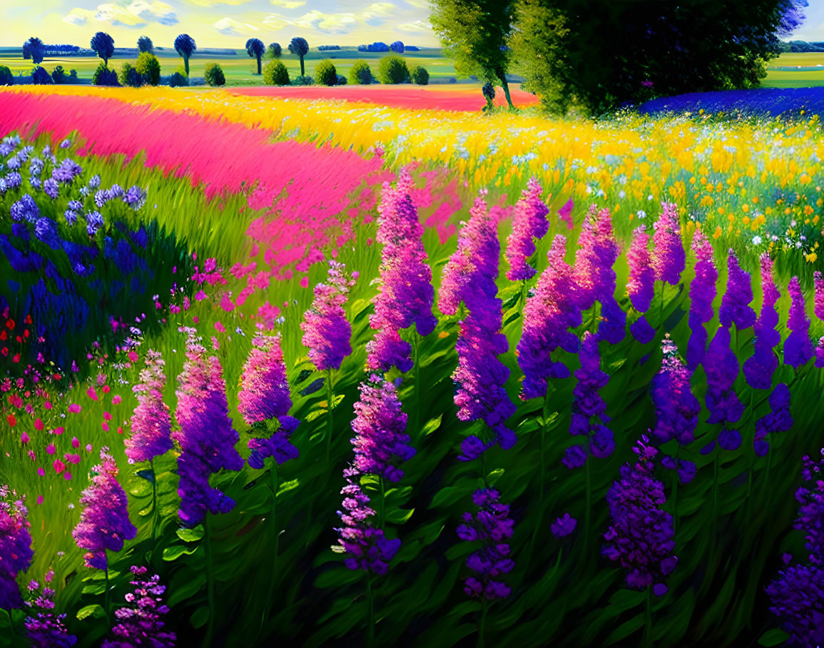 Colorful Flower Fields Under Sunny Sky with Trees and Figure