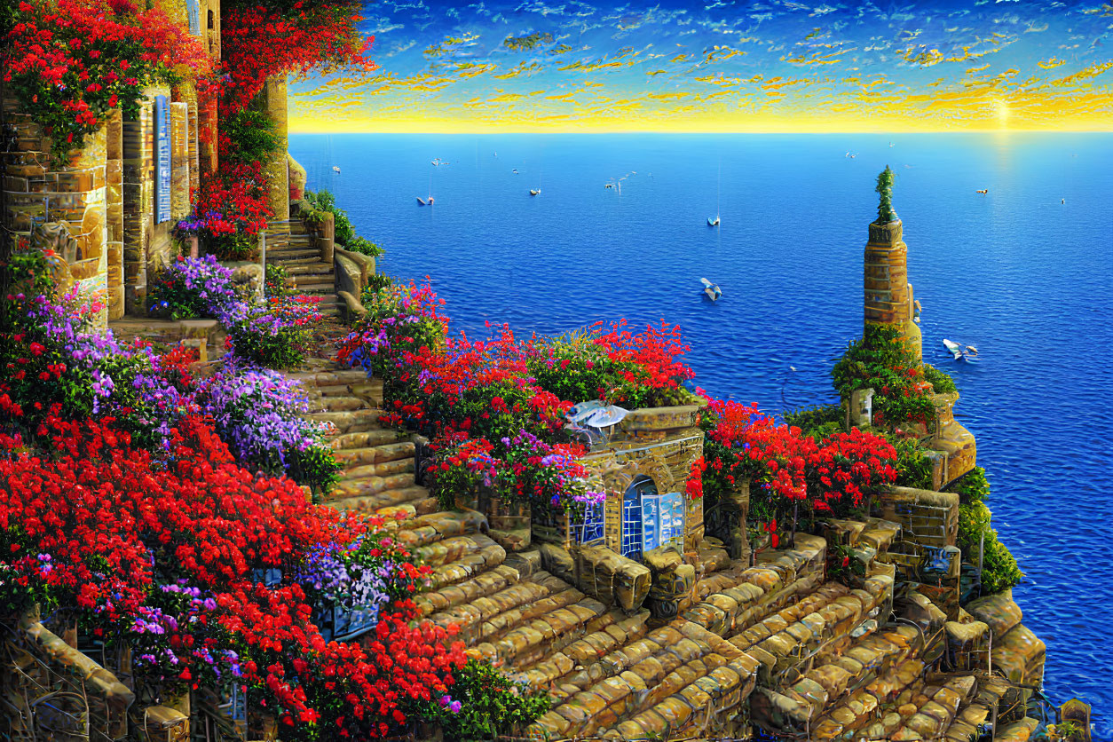 Colorful Coastal Garden at Sunset with Flowers, Pathways, Birds, Sea View, Boats,