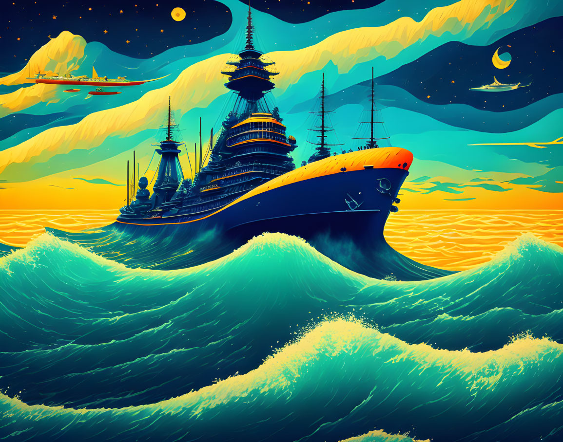 Colorful stylized image: large ship on green waves, surreal orange sky, moons, flying vessels