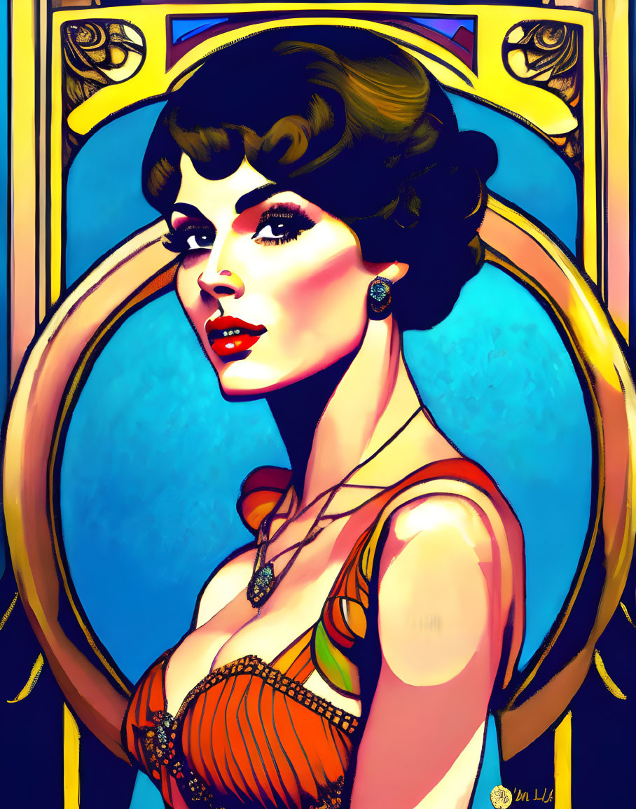 Woman with dark hair and red-orange dress in Art Nouveau style illustration