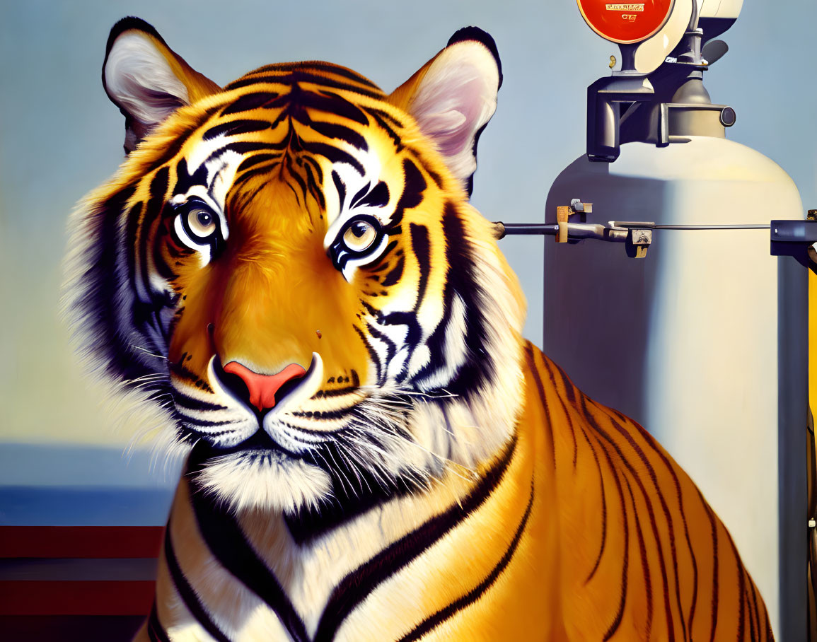 Detailed painting of a tiger with propane tank and gauge.