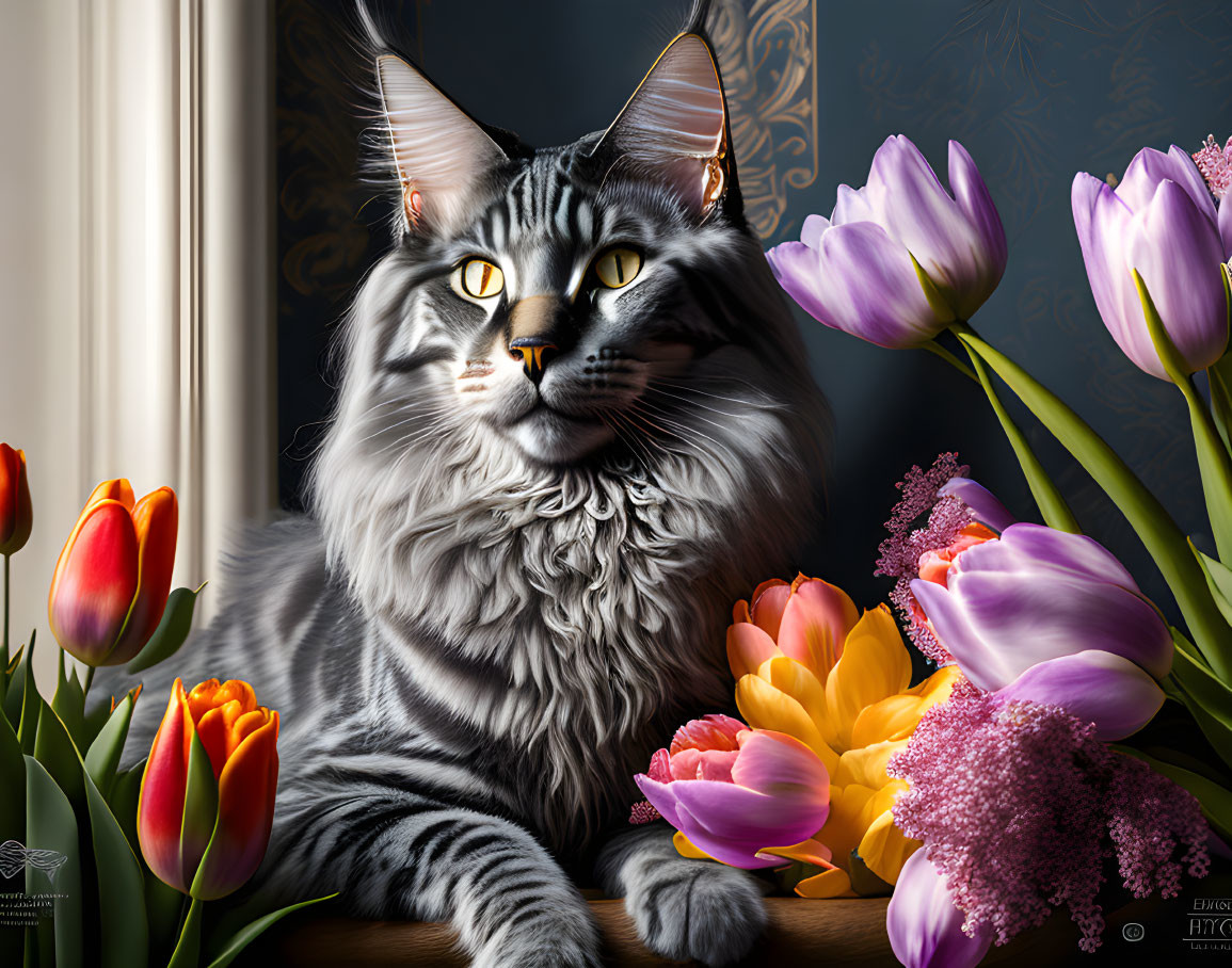 Gray Tabby Cat with Amber Eyes Surrounded by Tulips and Drapery