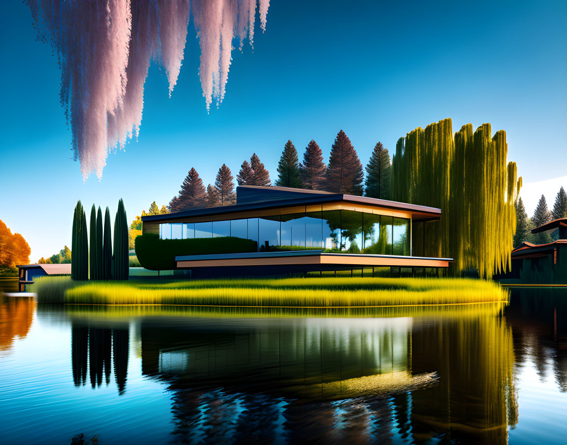 Glass house with flat roof by calm lake & vibrant trees under blue sky with pink clouds