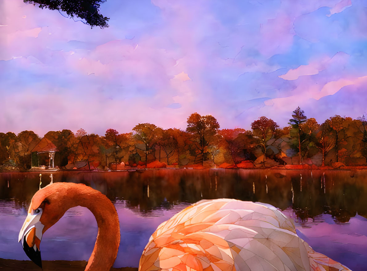 Flamingo digital artwork with pink sky, autumn trees, and lake