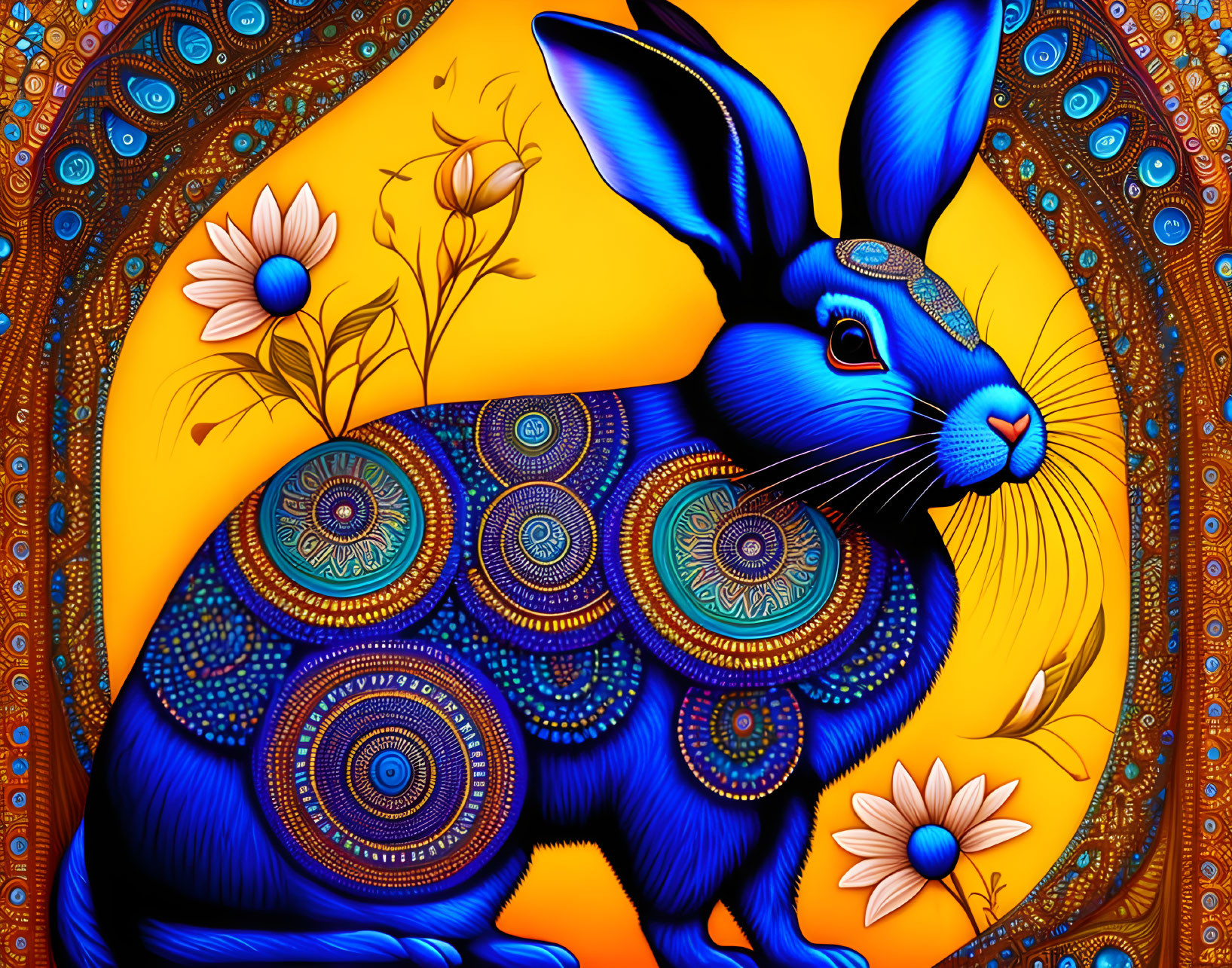 Colorful digital artwork: Blue rabbit with circular patterns on a vibrant backdrop.