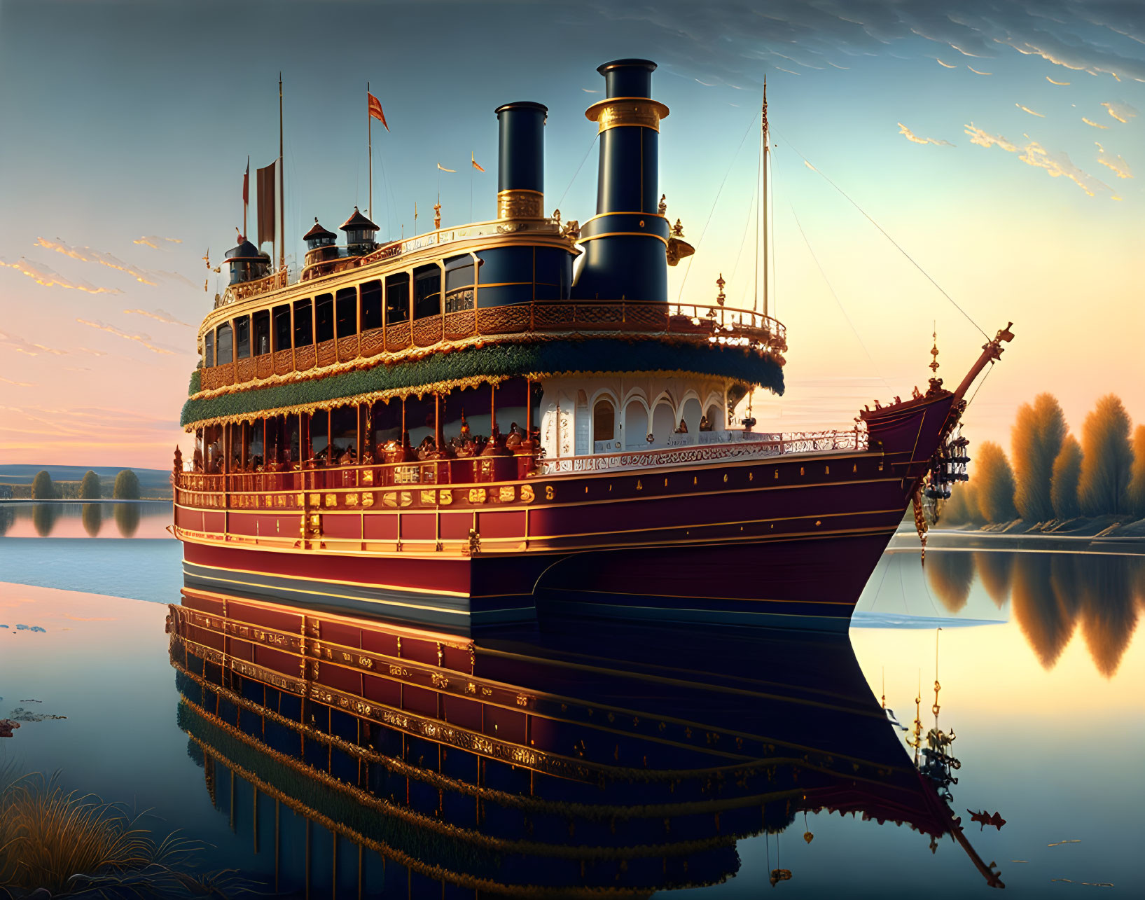 Vintage Paddle Steamer Boat at Sunset on Calm Water