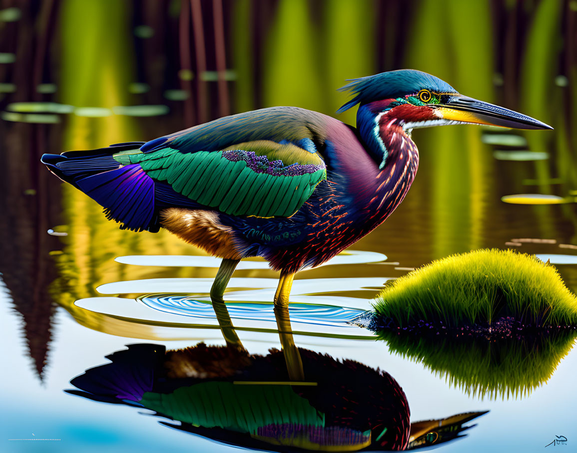 Colorful Heron in Water with Reflection and Reeds