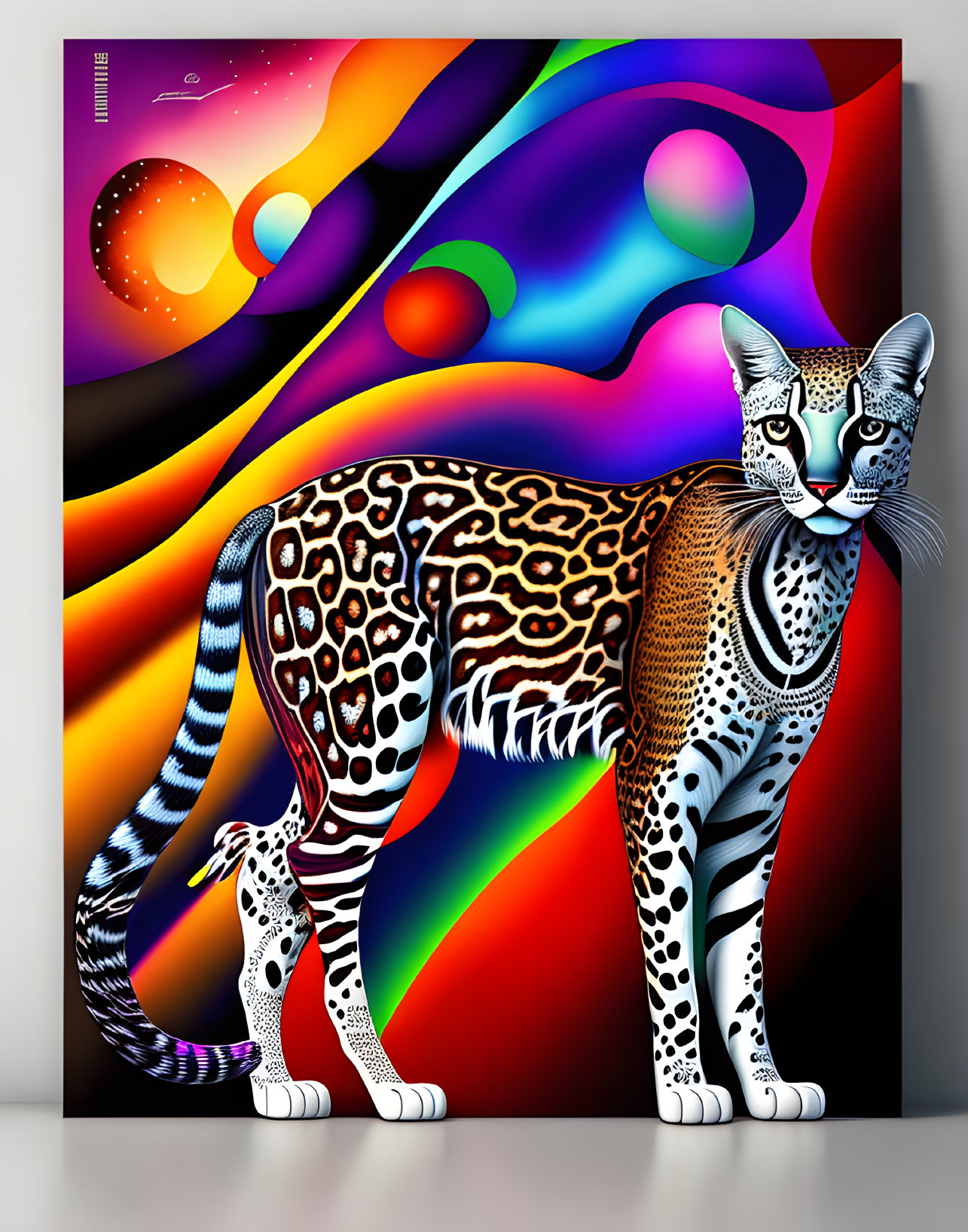 Colorful Surreal Digital Art with Patterned Ocelot on Multicolored Background