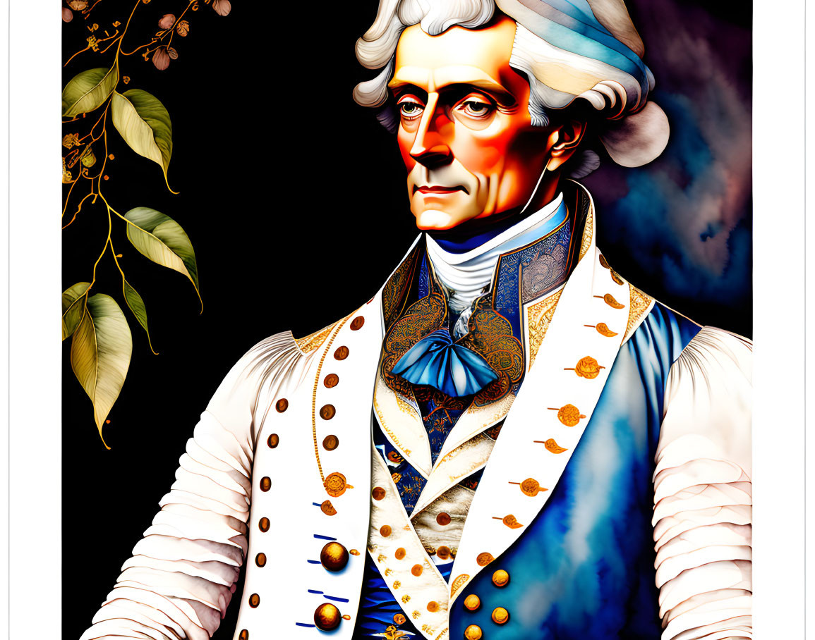 Man in historical attire with white wig and blue cravat, set against foliage.