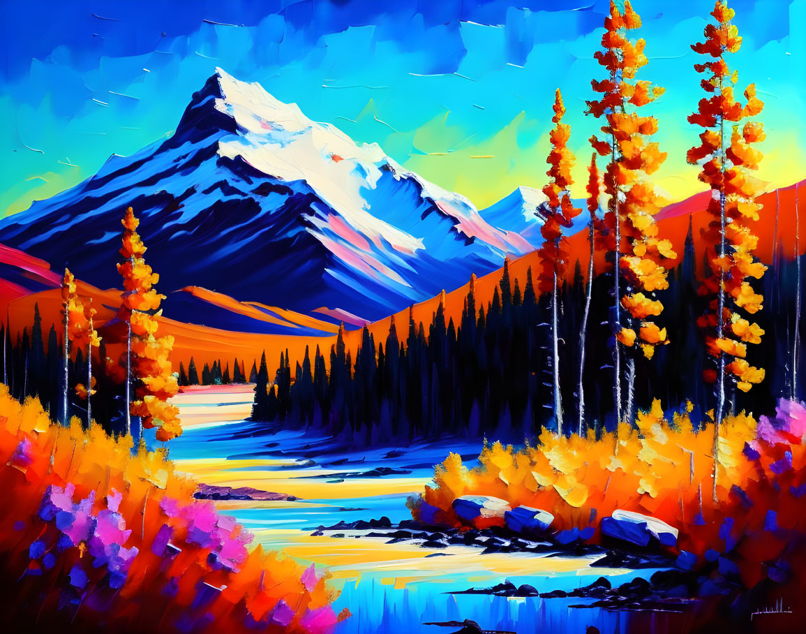 Vibrant mountain landscape with colorful autumn trees and river