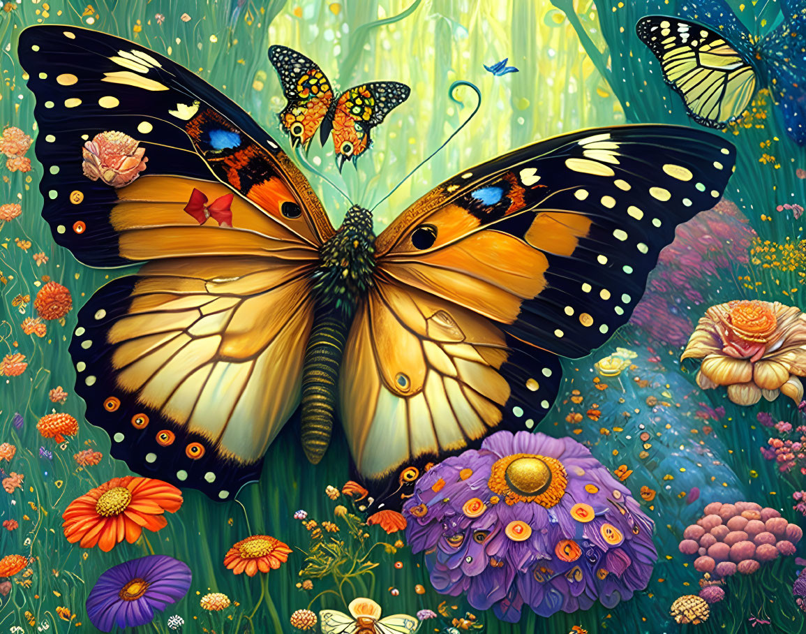 Colorful Butterfly Illustration Perched on Fantasy Flowers