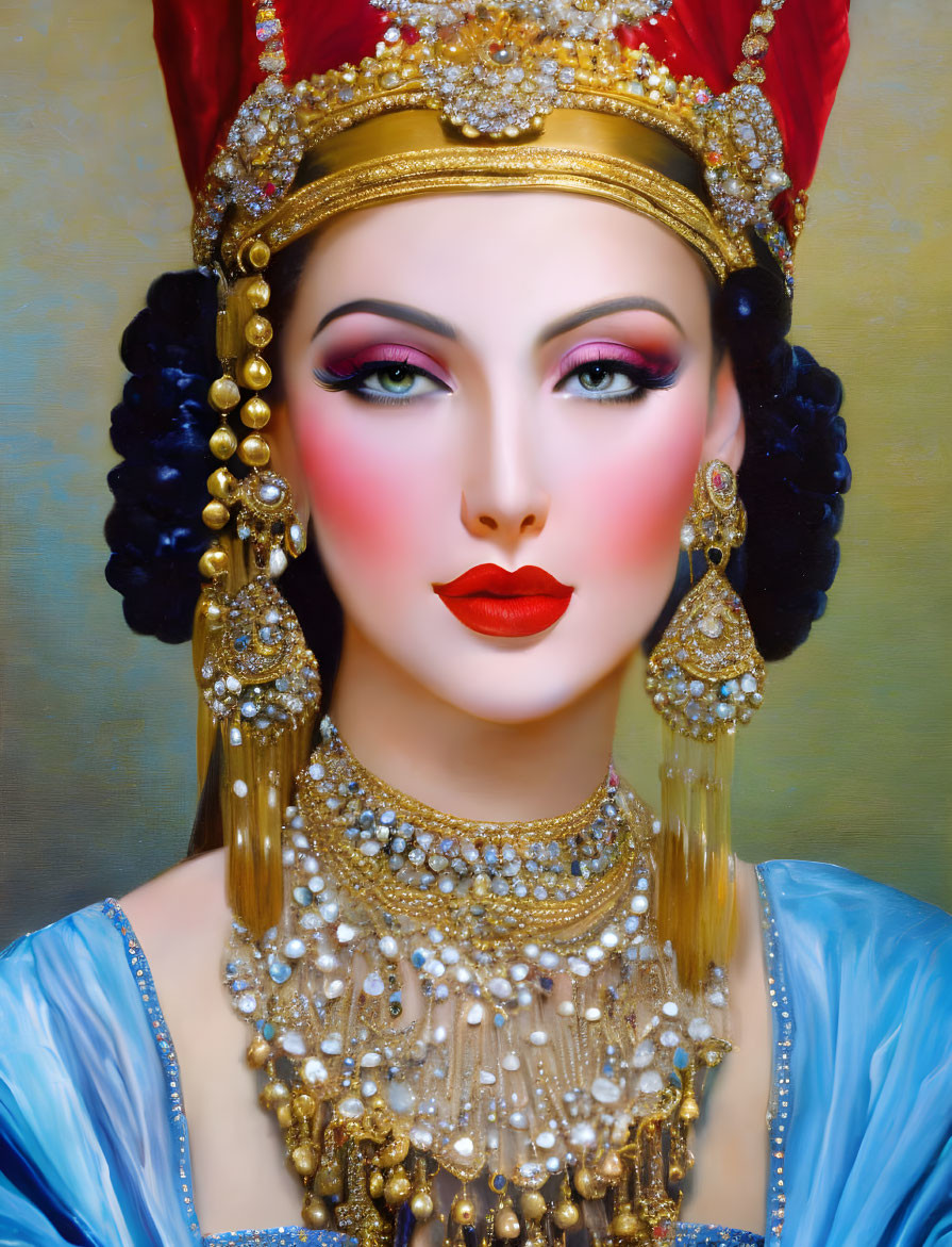 Portrait of woman with stylized makeup, gold jewelry, red and gold headdress, blue attire