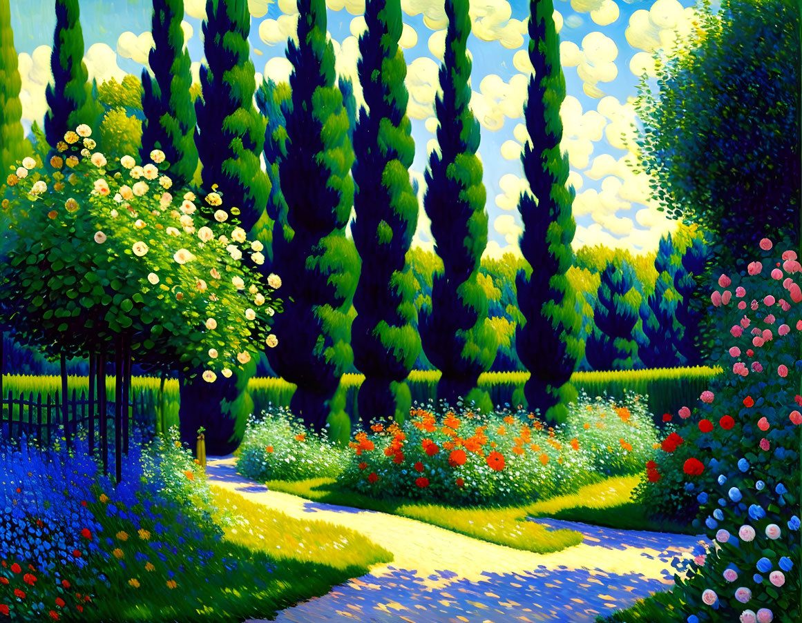 Vibrant painting of lush garden with tall trees and bright flowers