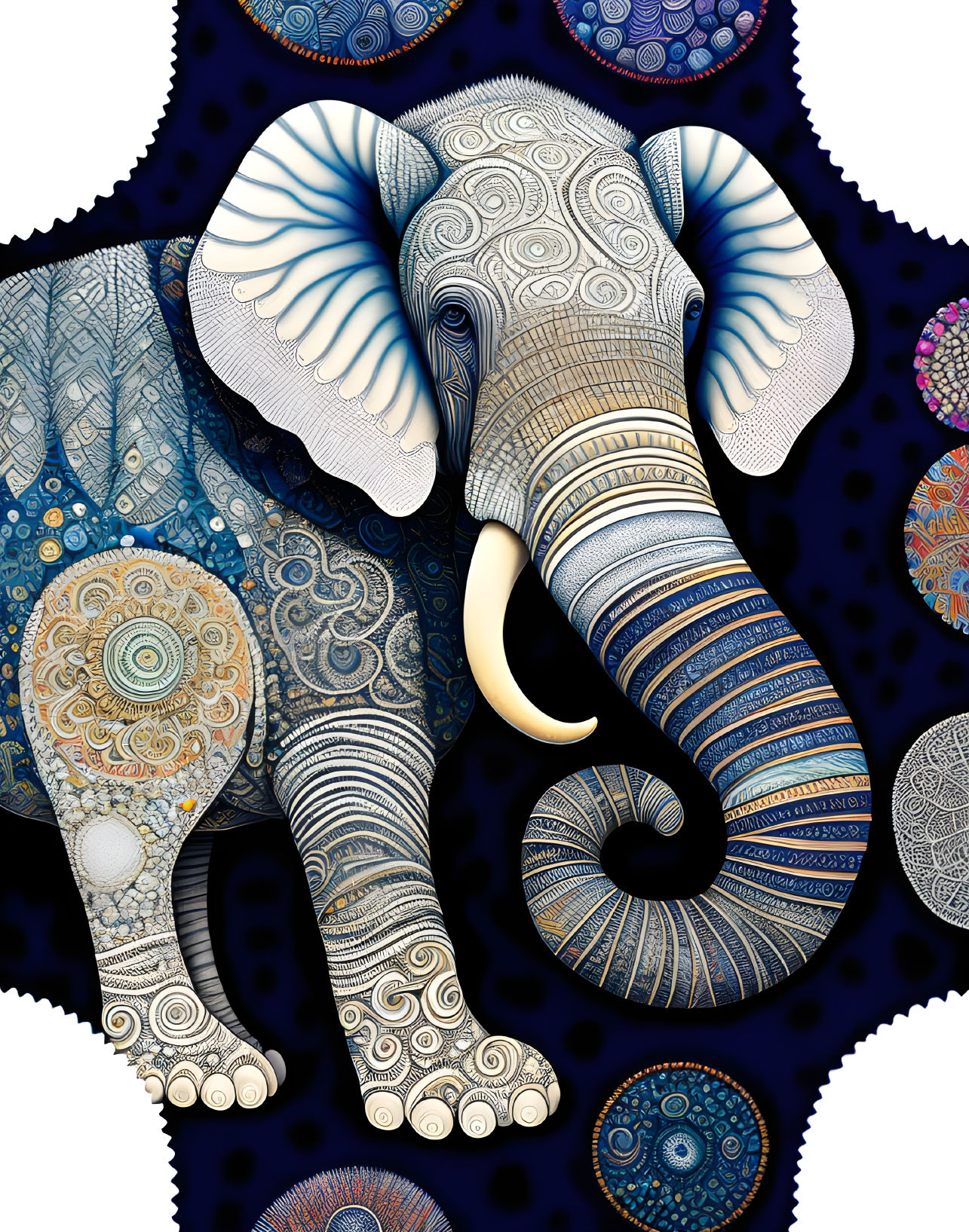 Blue and White Elephant with Mandala Patterns on Dark Background