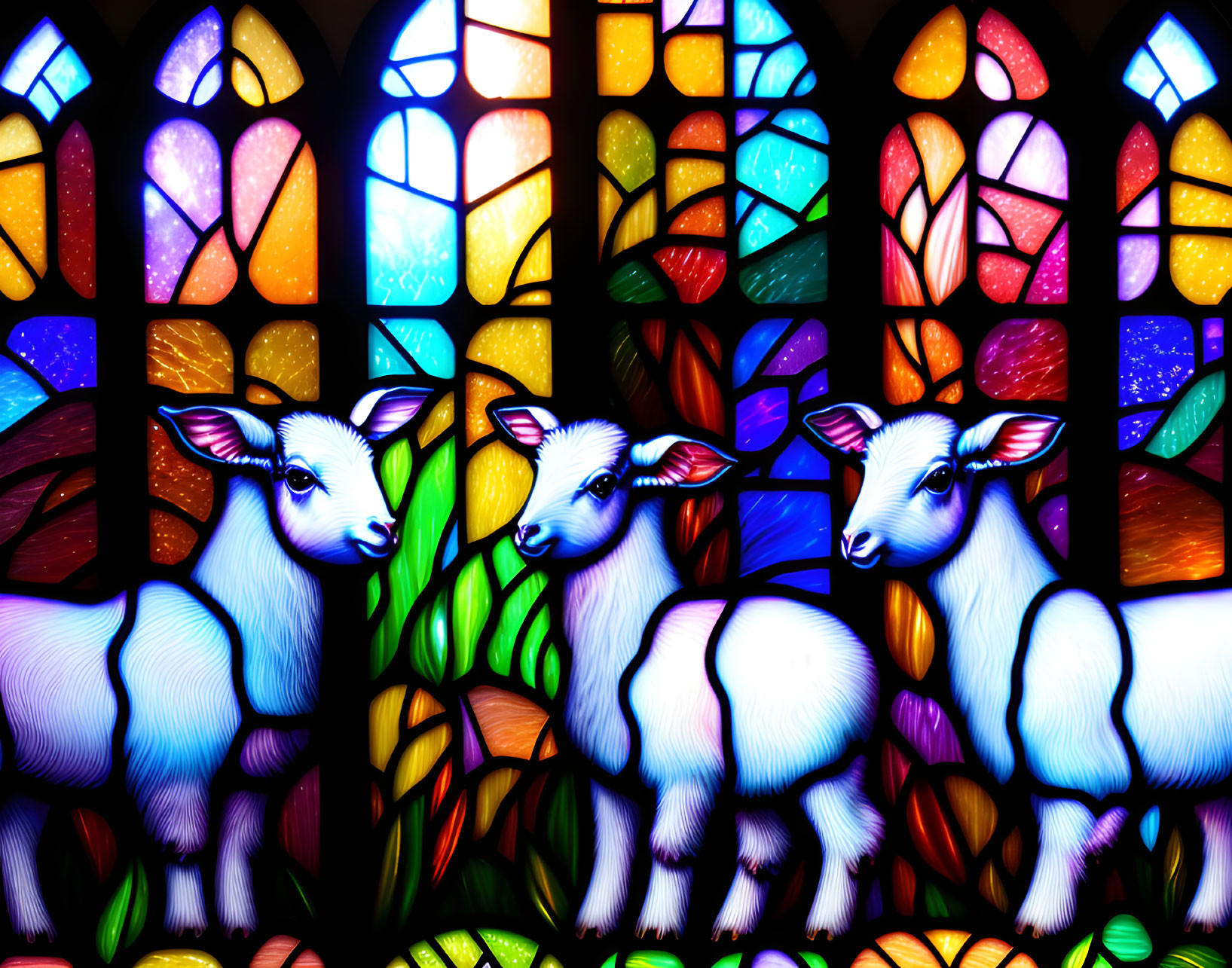 Colorful Stained Glass Window Featuring Stylized Lambs