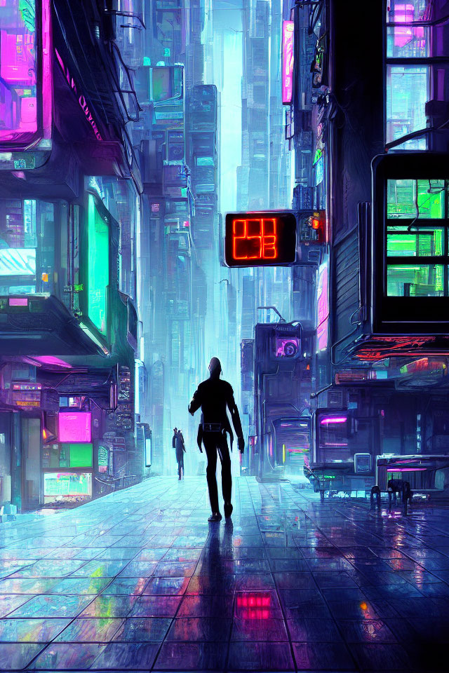 Silhouetted figure in neon-lit futuristic city street with countdown traffic signal