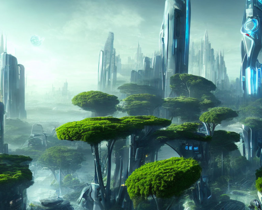 Futuristic cityscape blending with lush green landscape