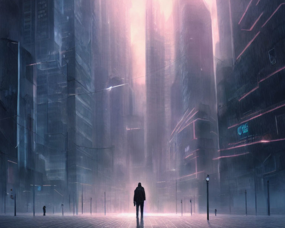 Solitary figure in futuristic city with misty skyscrapers