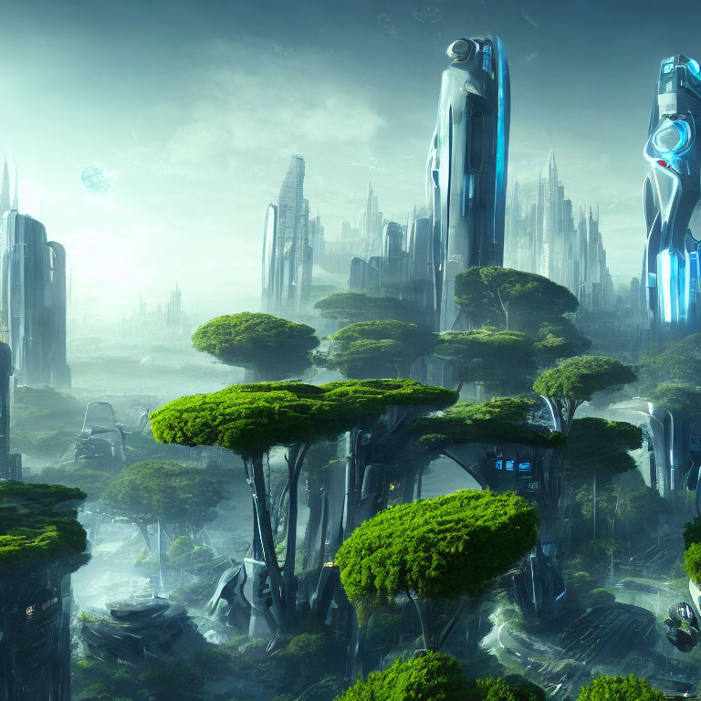 Futuristic cityscape blending with lush green landscape