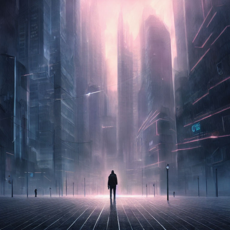 Solitary figure in futuristic city with misty skyscrapers