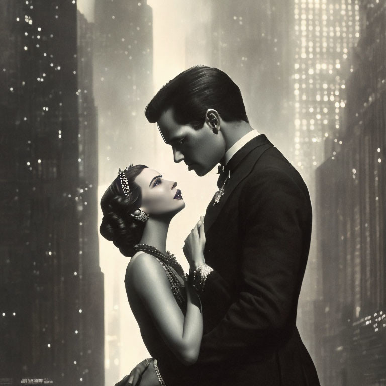 Vintage-dressed man and woman gaze affectionately in monochrome cityscape.