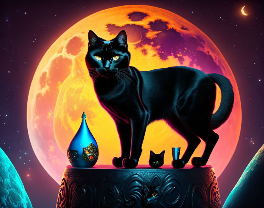 Black Cat with Yellow Eyes on Ornate Platform Under Orange Full Moon