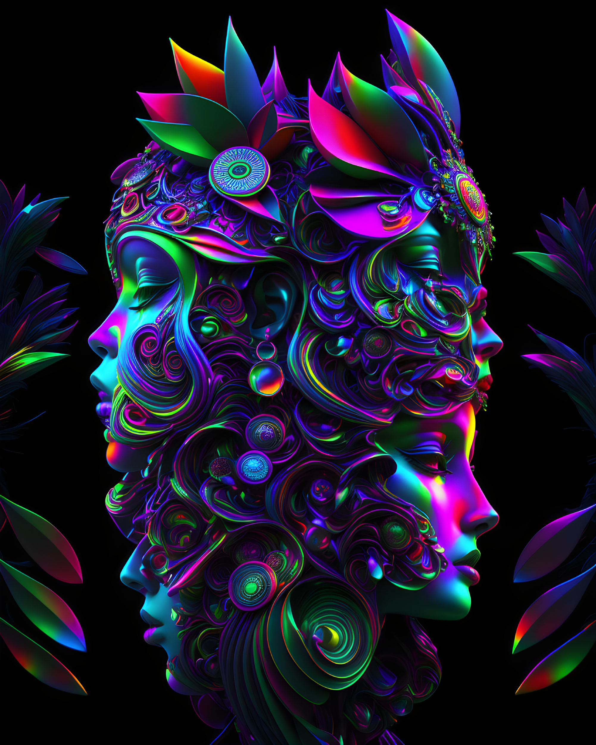 Neon-lit surreal portrait with intricate faces