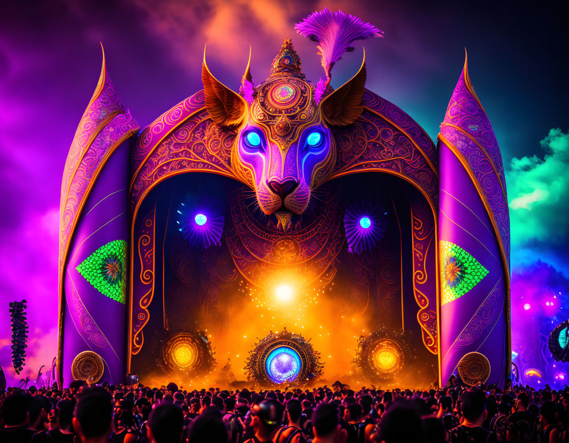 Colorful Music Festival Scene with Cat-like Stage Structure in Purple Sky