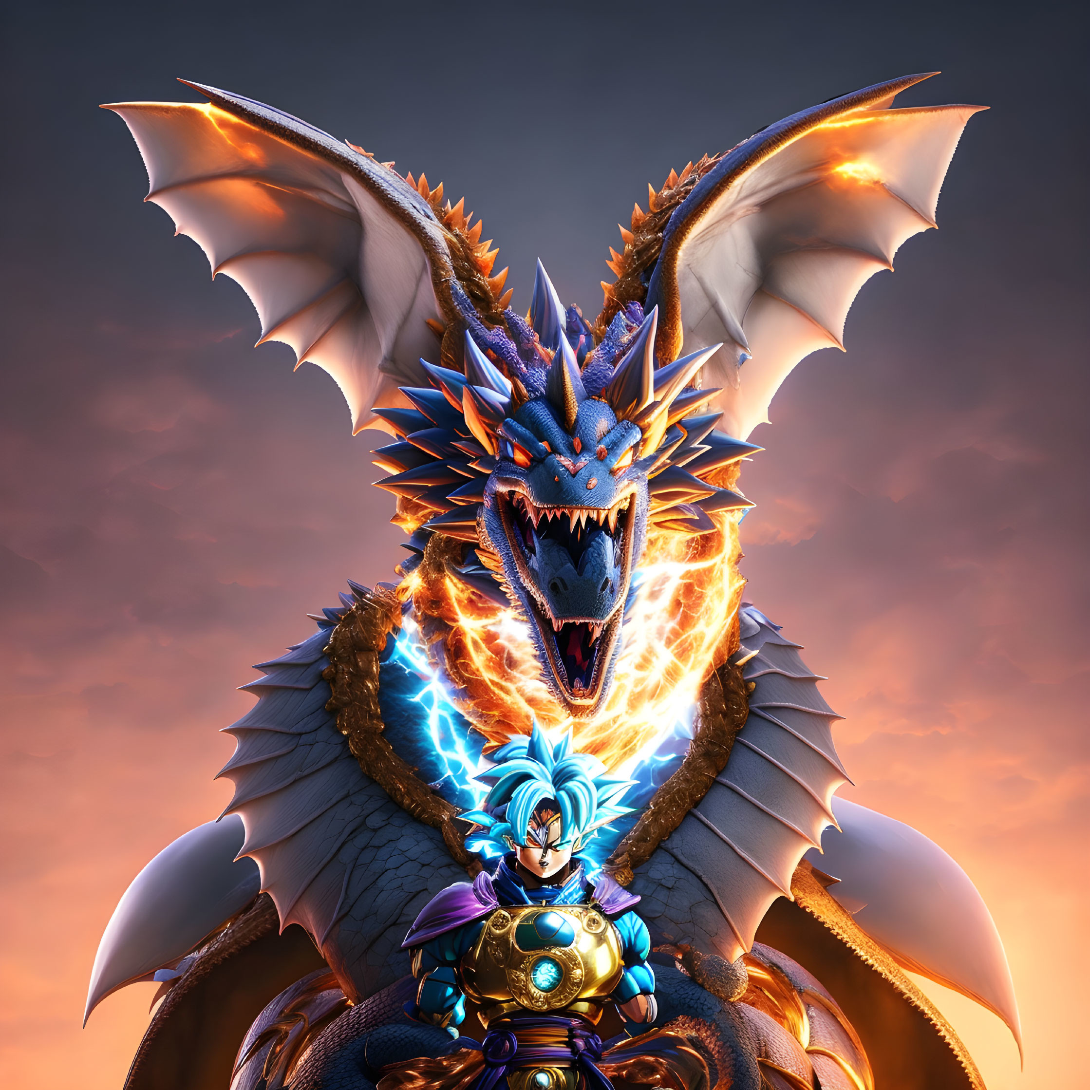 Armored warrior confronts fiery dragon in animated scene