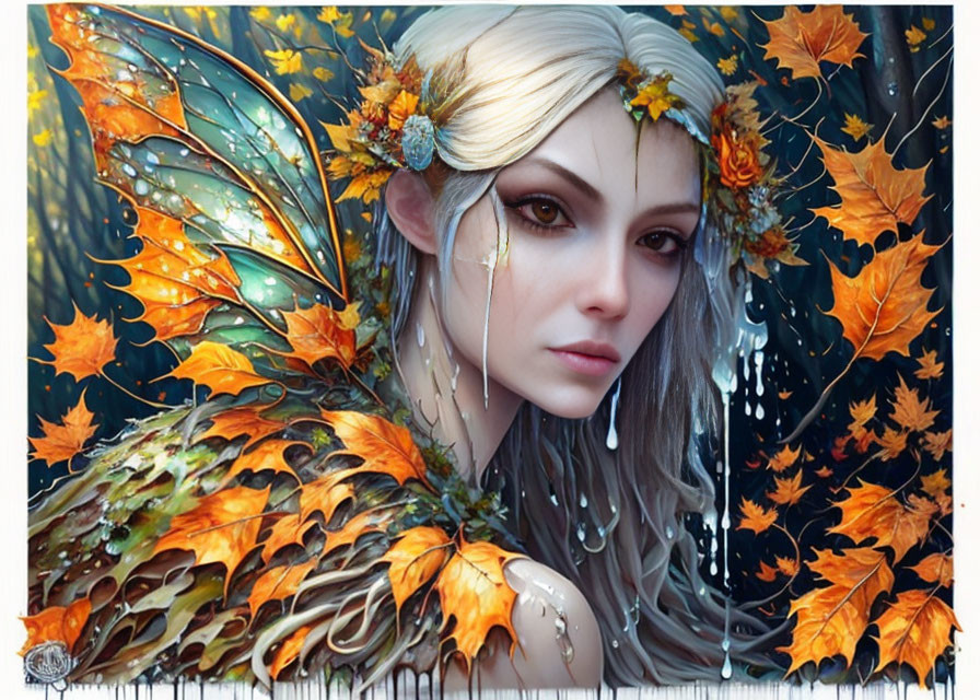 Autumn-themed fairy creature with floral hair and serene expression