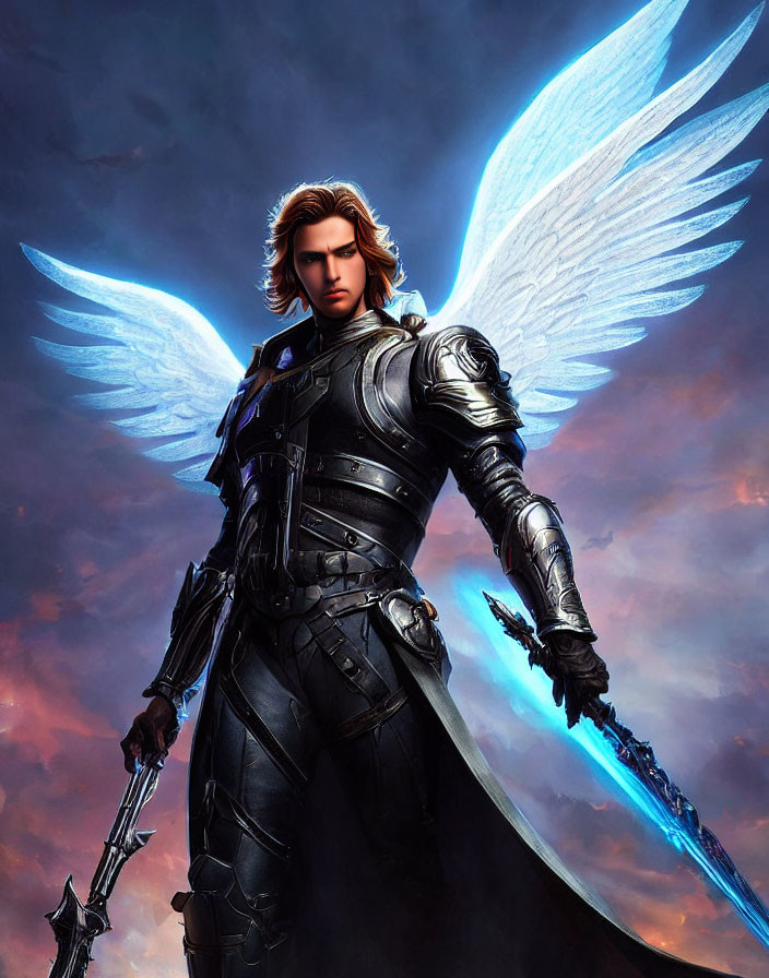 Male warrior angel digital artwork: blue glowing wings, dark armor, sword with radiant blue blade.