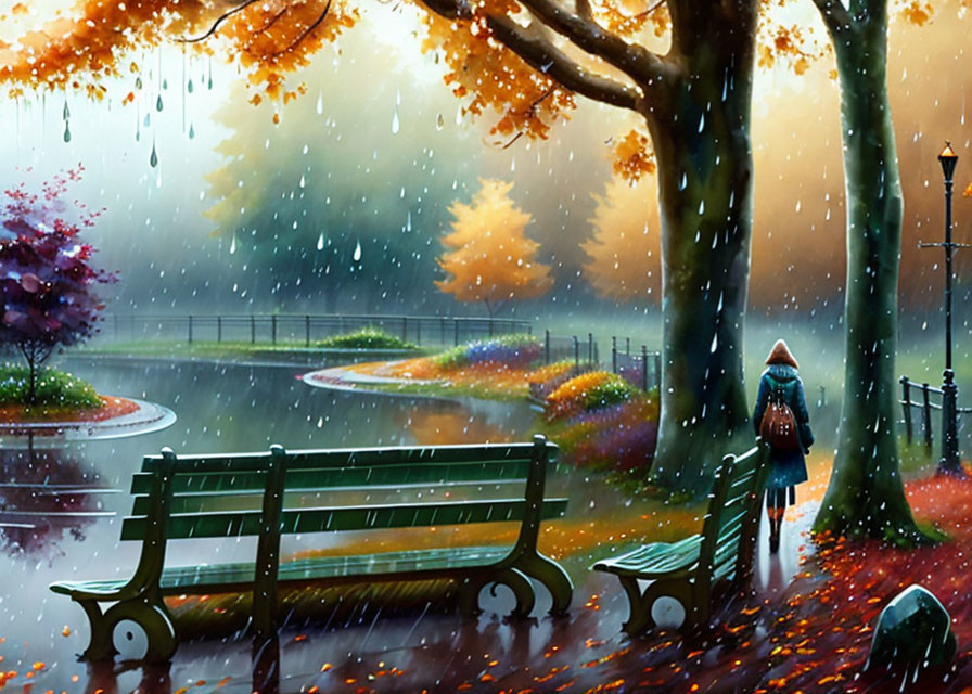 Person walking by bench in rainy park with autumn leaves and glowing lamps