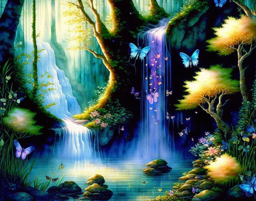 Enchanted forest scene with waterfall, radiant trees, and butterflies fluttering over luminous stream.