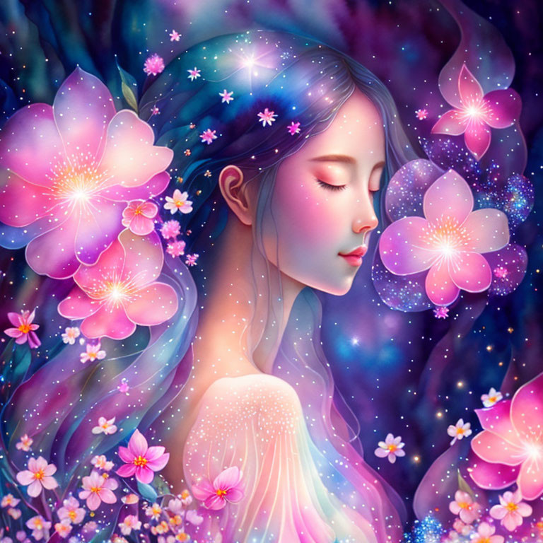 Serene woman with flower-adorned hair in fantastical flora setting