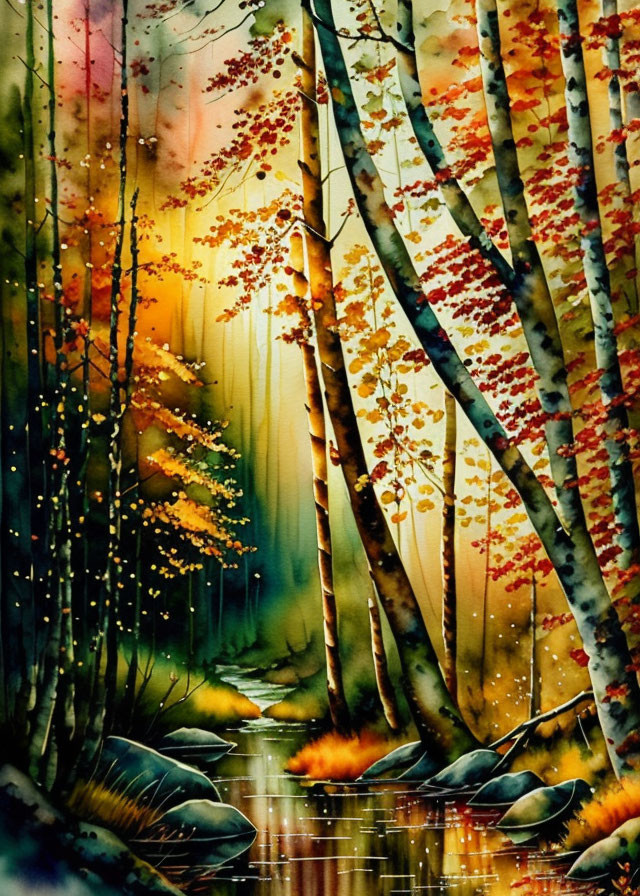 Autumn forest watercolor painting with sunbeams and tranquil stream