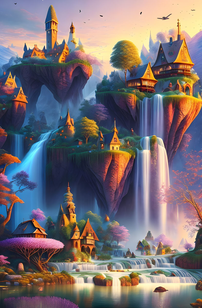 Fantasy landscape with floating islands, castles, waterfalls, trees, and birds at sunset