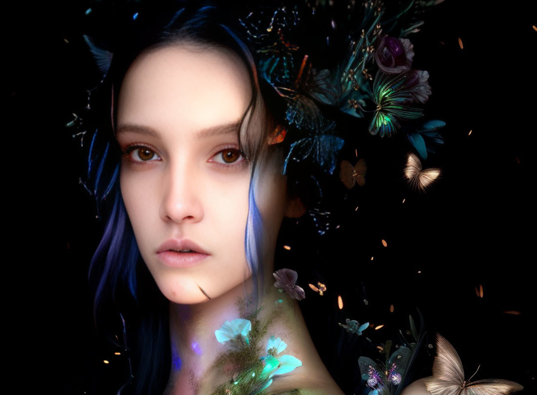 Portrait of a person with blue-tinted hair surrounded by butterflies and flowers on a dark backdrop