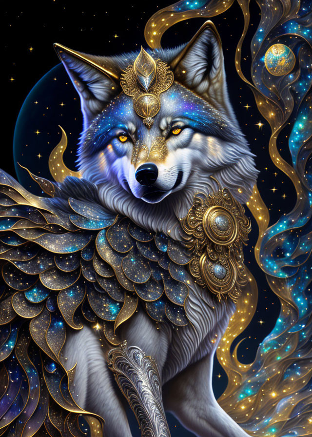 Anthropomorphic wolf in golden armor with wings in cosmic setting