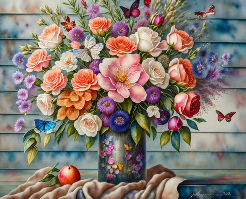 Colorful floral still life with butterflies and fruit on fabric