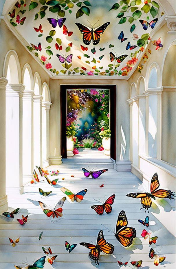 Vibrant butterfly mural in stairway with flower-filled doorway