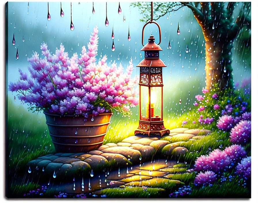 Colorful Rainy Garden Scene with Glowing Lantern and Pink Flowers