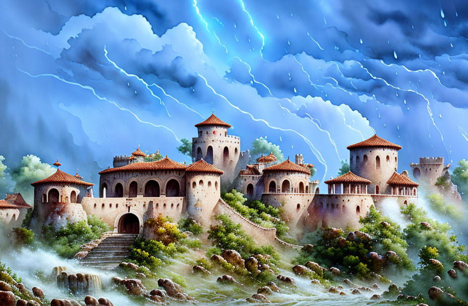 Surreal fortress with multiple towers in stormy sky and turbulent waters